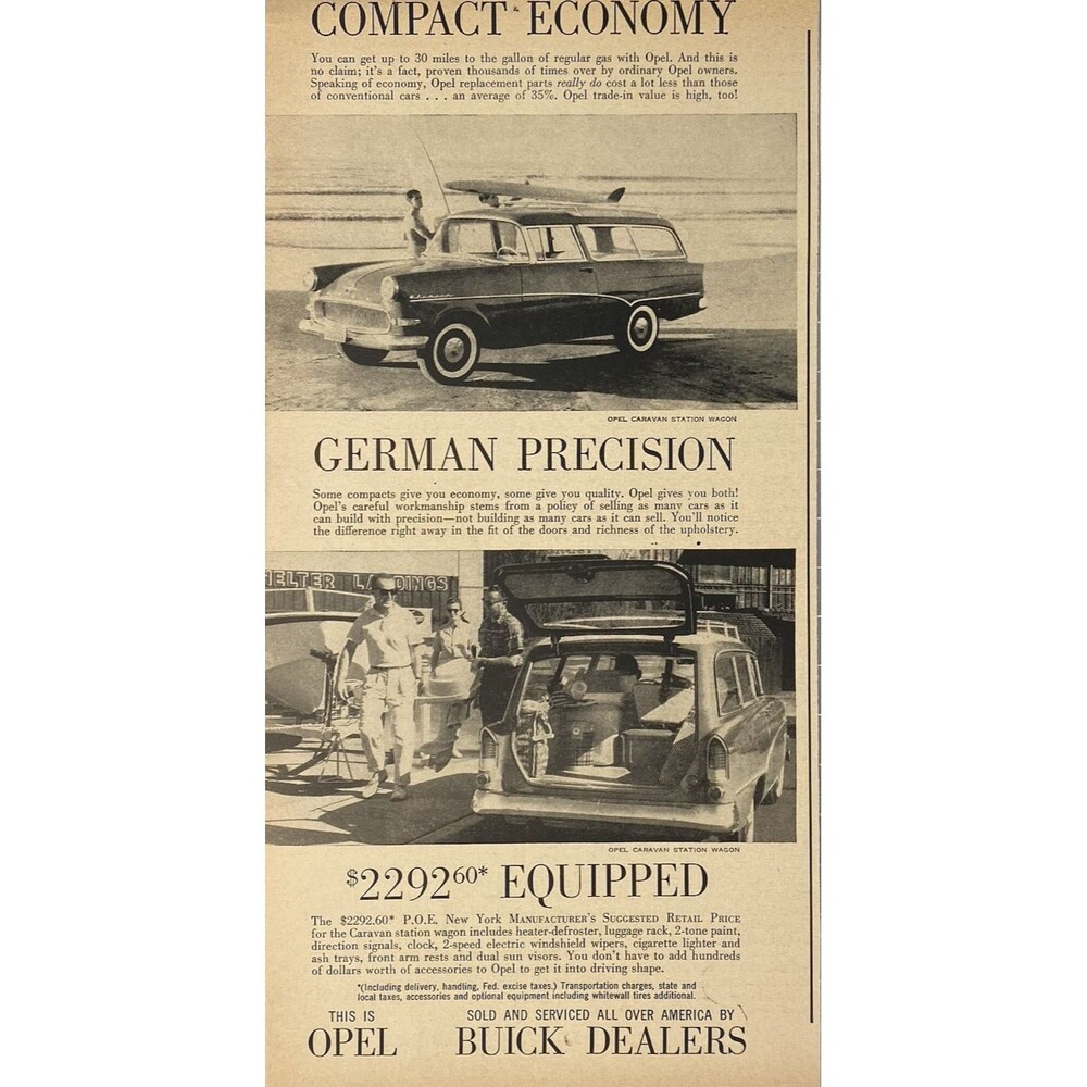 Buick Opel Station Wagon "Compact Economy German Precision" Vtg Print Ad 1960
